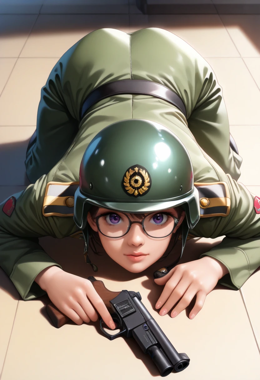 a beautiful young asian girl, 18 years old, wearing a military uniform with a helmet and glasses, holding a weapon, posing as a photographic model, anime style, top-down view, (best quality,4k,8k,highres,masterpiece:1.2),ultra-detailed,(realistic,photorealistic,photo-realistic:1.37),beautiful detailed eyes,beautiful detailed lips,extremely detailed eyes and face,longeyelashes,military uniform,helmet,glasses,weapon,posed,anime style,top down perspective,dramatic lighting,vivid colors,cinematic