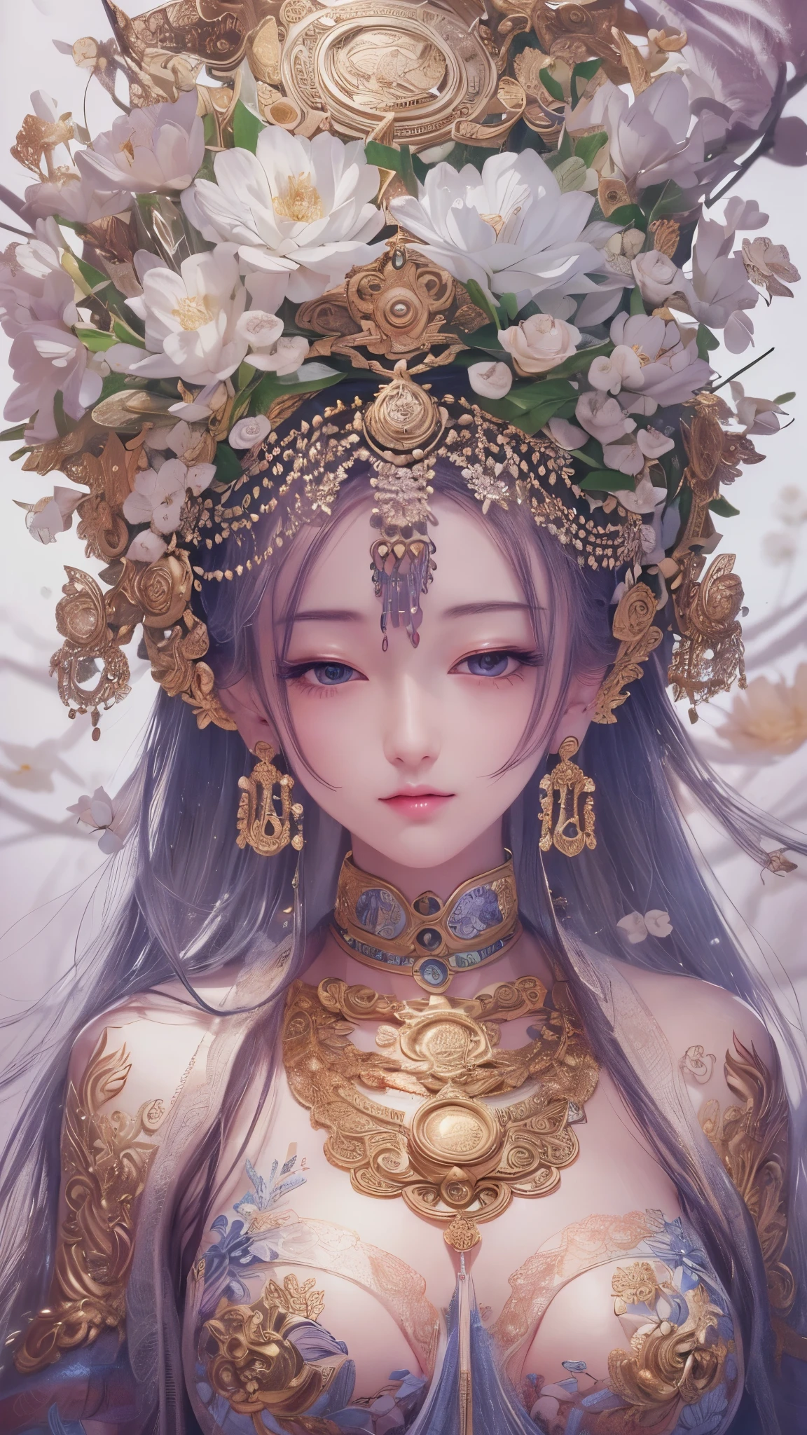 A beautiful Guanyin Bodhisattva sits on a lotus throne