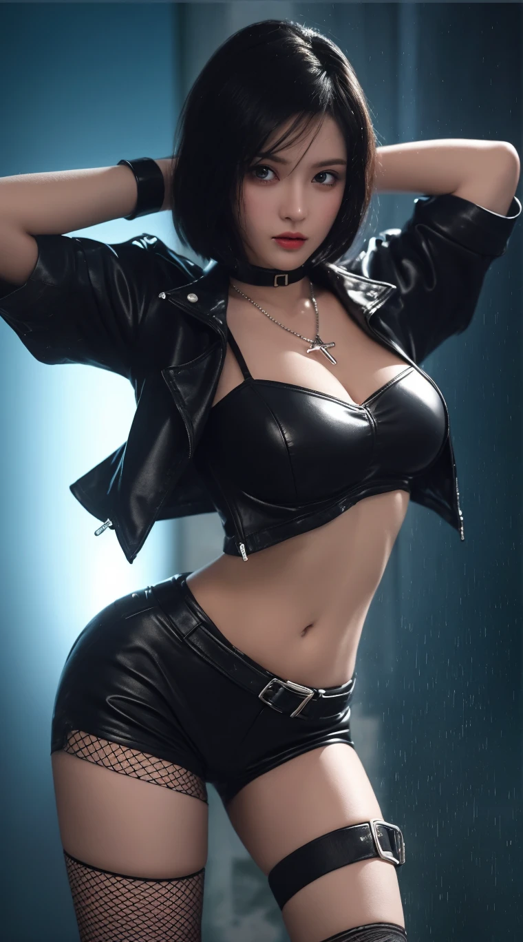 a punk girl, black hair, pose sexy, cuerpo tattooed, tattooed. leather bikini, black leather jacket, to the sun, Overcast weather, 4k