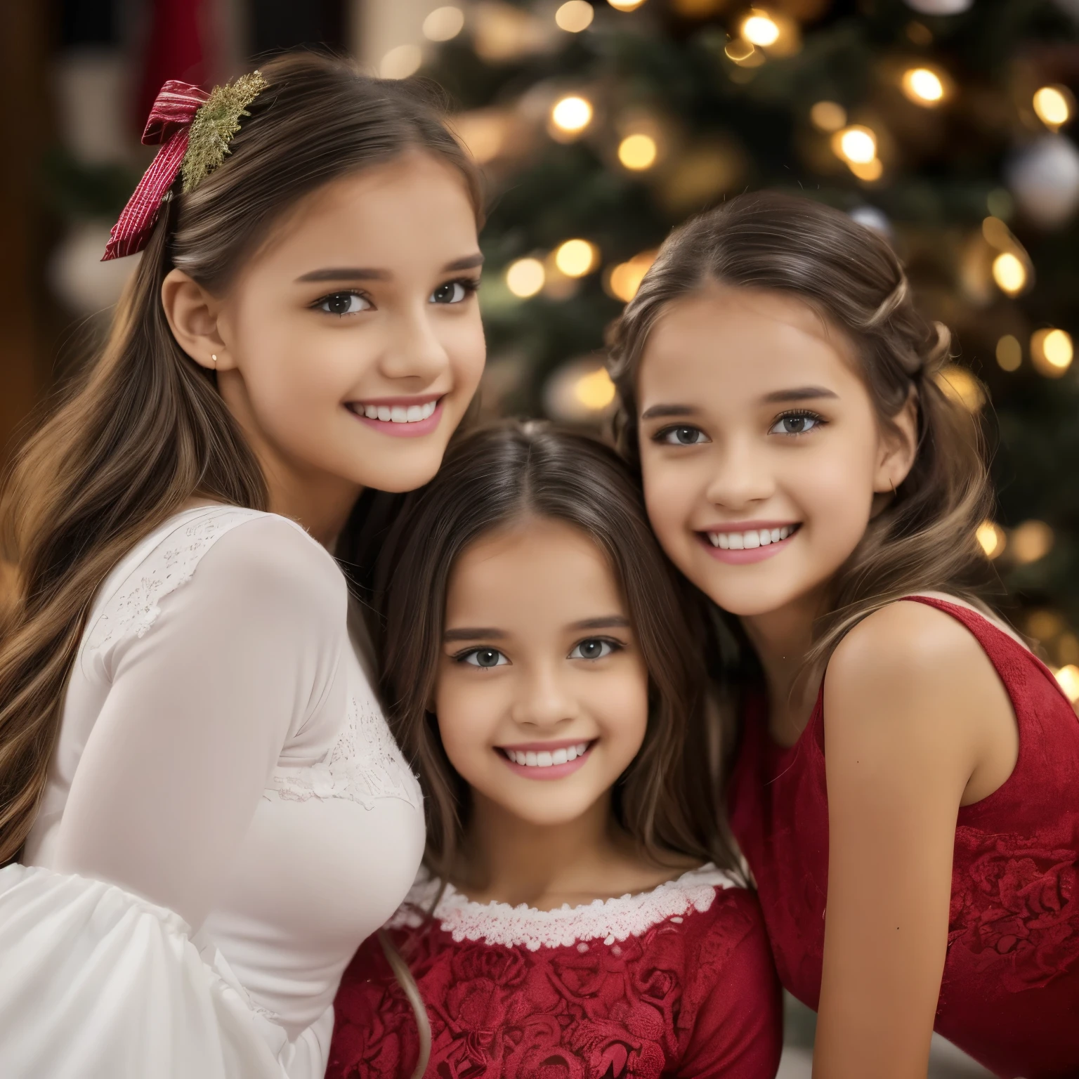 a happy group of 3 adorable girls, smiling and joyful, wearing Christmas outfits, detailed facial features, beautiful detailed eyes, beautiful detailed lips, extremely detailed facial expressions, intricate holiday decorations, sparkling lights, warm cozy atmosphere, vibrant colors, christmas tree, presents, snow, (best quality,4k,8k,highres,masterpiece:1.2),ultra-detailed,(realistic,photorealistic,photo-realistic:1.37),highly detailed, vivid colors, soft lighting, christmas theme, festive, beautiful girls, cheerful, holiday season