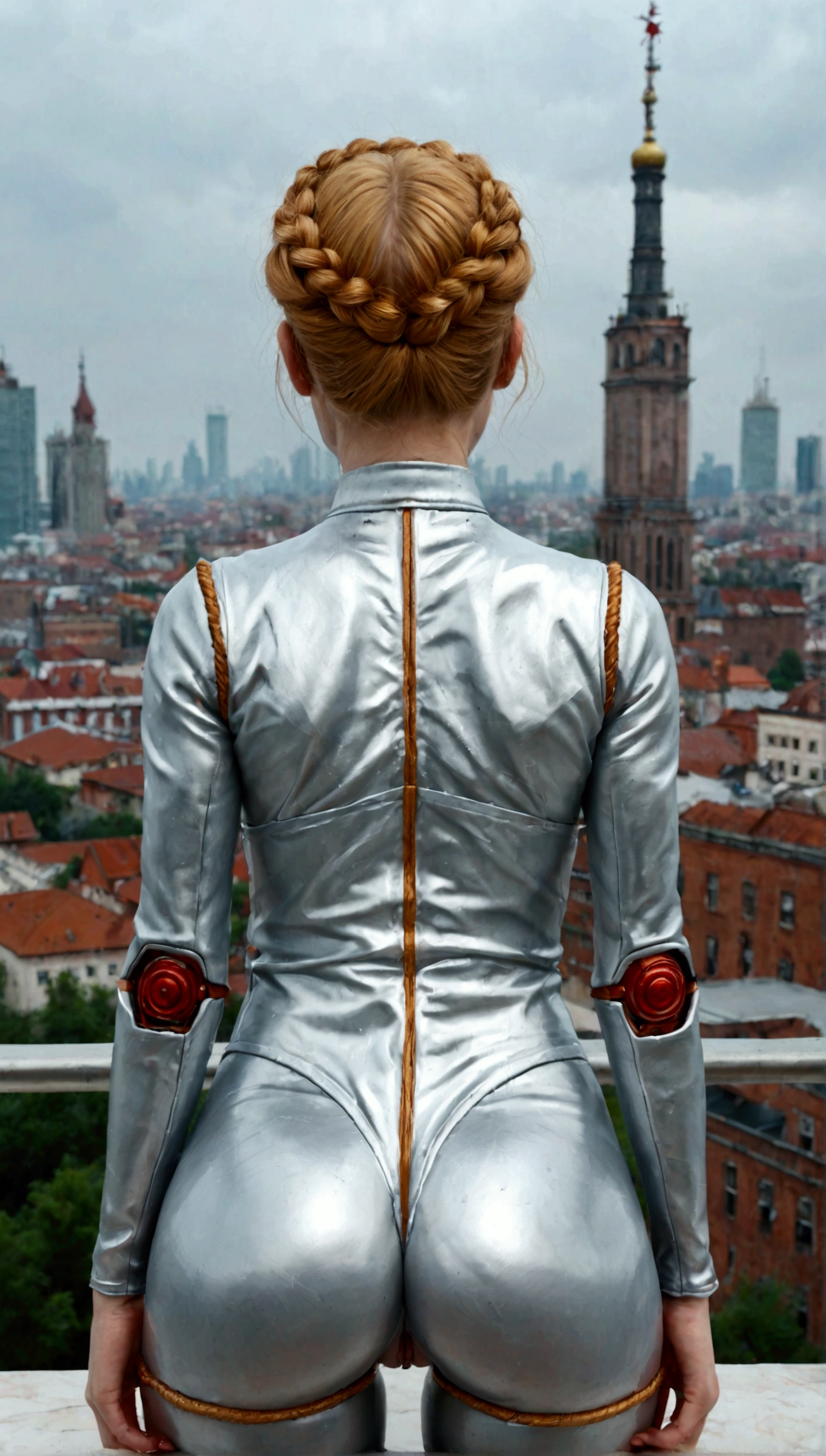 cute girl atomic heart character shows off her ass, hard work, You can see the vagina,
epic background , Soviet cityscape , fairytale background ,  consequences of the cyborg attack