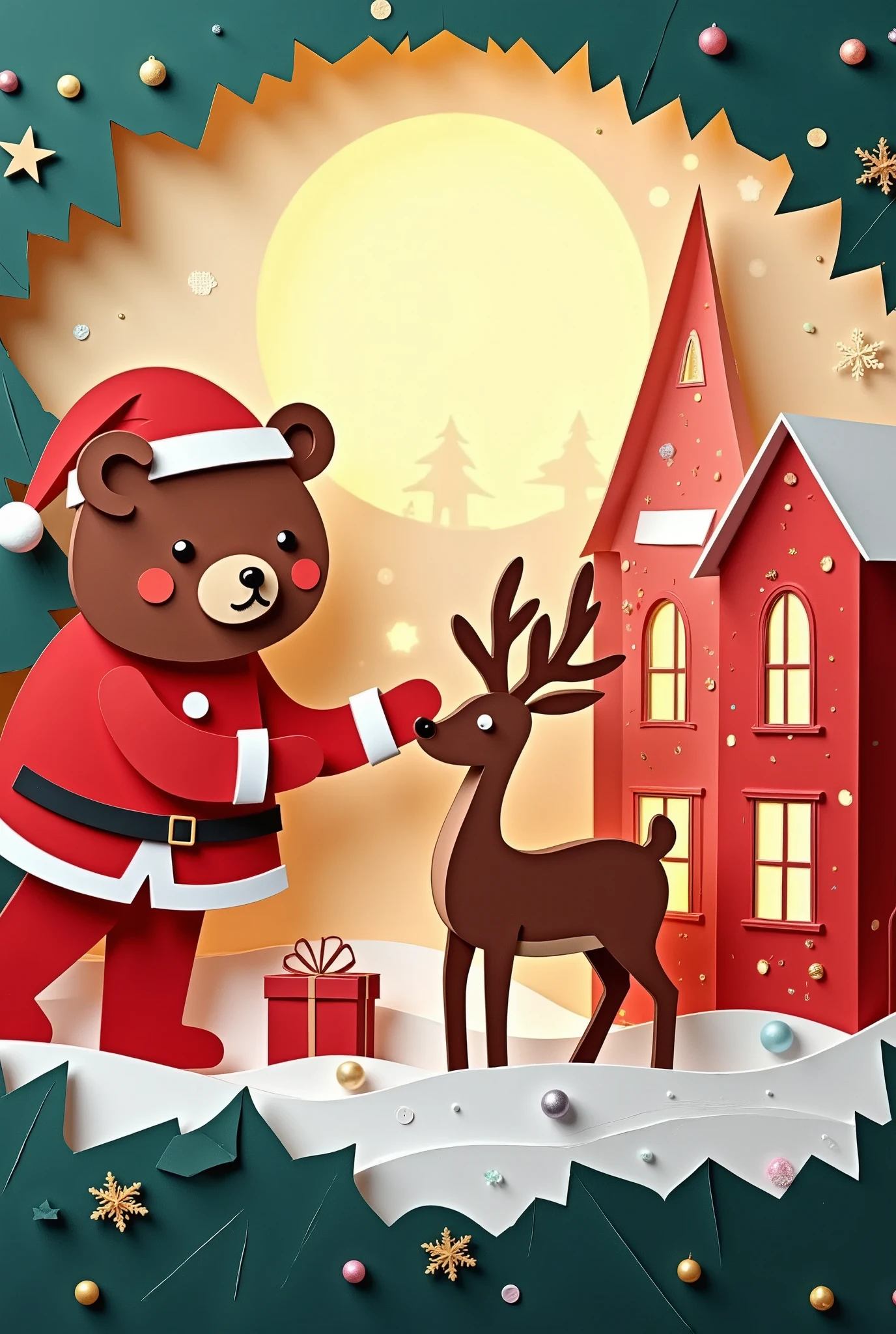 (masterpiece:1.2,Exceptional Quality,Mirror-like, movie-like experience, best illustration :2.0,Super detailed),8k,16k,wallpaper,( Christmas:2.0), Greeting Card Designs, reindeer,(リラックマ風のサンタクロース:2.0),( Christmas tree),(ChristmasPaperCutArt:2.0),(Tim Burton style:2.0)