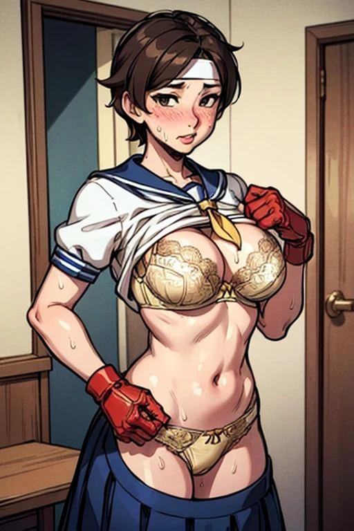 masterpiece, best quality, ultra-detailed, illustration, an extremely delicate and beautiful,high resolution, ultra-detailed,,perfect face,slender perfect body, Tight belly,Toned buttocks,Constricted waist,,(blue school uniform1.7),(bike shorts under red skirt:1.5),(in skyscraper:1.3),10yo,child,(boxing gloves,fighting pose:1.5),(mesh hair:1.2),(very short hair),(anger),(shirt comes off:1.7),(very long hair), shy daughter, short stature,(large breasts),( sweaty skin:1.2),(front view:1.5),(bike shorts),(show off bike shorts),(spread legs),(cameltoe:1.2)