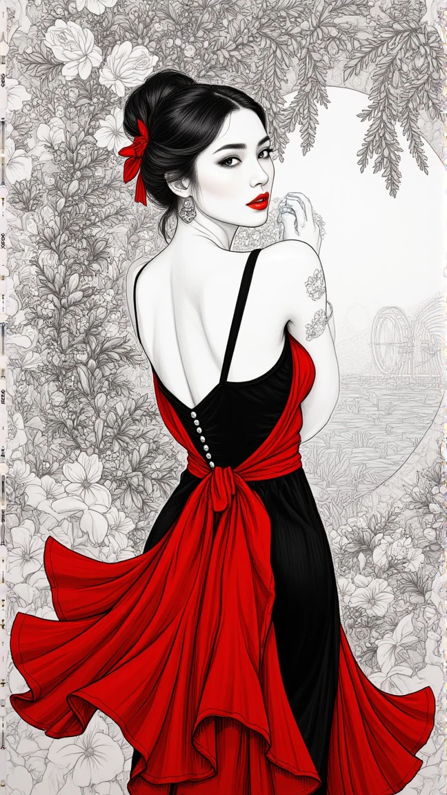 
Create an exquisite close-up illustration of a captivating woman inspired by the elegance of the 1920s, rendered in a stunning pen sketch style. The artwork should be in black and white, showcasing loose brushwork and intricate pen outlines that emphasize her graceful posture and fluid movements. Capture her serene expression and delicate facial features, reflecting timeless beauty.

Dress her in an elegant gown of rich red and deep black that flows beautifully, with subtle shades of paint adding depth and dimension. Emphasize vibrant red accents on her luscious lips, harmonizing with the dress's colors to create a striking contrast against the monochrome backdrop.

Surround her with lush, blooming flowers that enhance the scene, set against a soft, romantic background filled with intricate details. Infuse elements of surrealism throughout, enhancing the enchanting quality of the piece. Aim for a breathtaking composition that captivates the viewer, showcasing the elegance and charm of this fascinating figure in a magical moment.