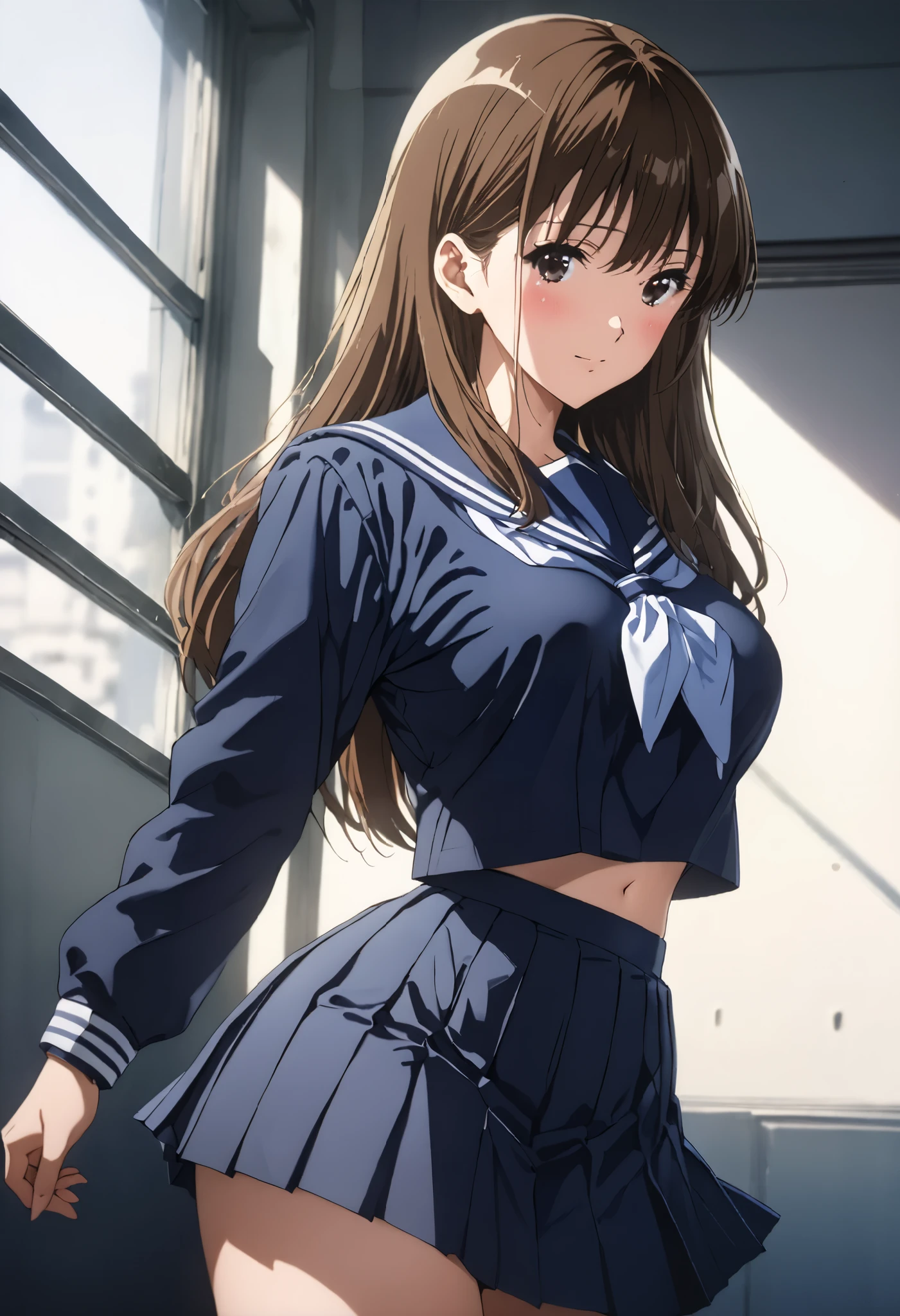 masterpiece, BestQuality, High resolution,16k,official art,super detailed skin,detailed,animated painting,(kuroe mayu:1.3),1990s \(style\),(F-cup beautiful breasts:1.3), (tall:1.2),height: 170cm,Fashion model body type,black eyes,brown hair,long hair,(highschool uniform,navy sailor uniform,navy mini skirt:1.3)、1girl,solo,nsfw,sexy,cool face,light smile,shy,blush,Anime-style painting style,Close up on full body,Cinematic lighting,Superfine,in the city