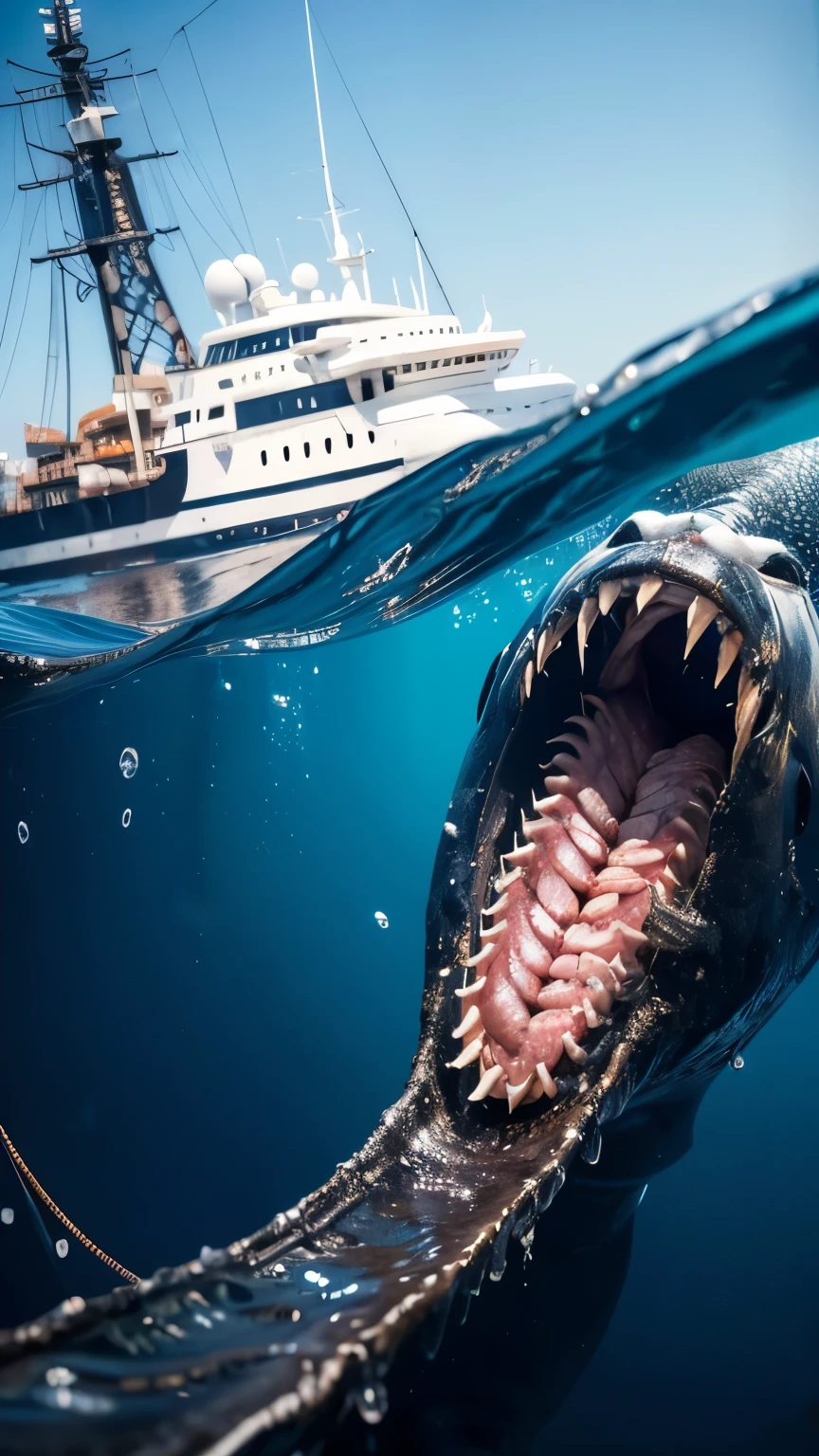 A surreal and horrifying daytime scene aboard a large sea fishing ship in the middle of the ocean, captured in hyper-realistic detail as if taken with an iPhone. The ship’s crane hoists a massive fishing net containing a grotesque, nightmarish creature. The creature’s horrifying form includes multiple glowing eyes scattered unevenly across its slimy body and an enormous open mouth lined with countless jagged, razor-sharp teeth that spiral deep into its throat, exuding a sense of overwhelming terror.

The deck is crowded with crew members wearing fully blue waterproof work suits and bright yellow plastic safety helmets, their expressions frozen in shock and fear as they cautiously react to the monstrous sight. The scene captures bright daylight illuminating the ship’s wet deck, reflecting glistening water dripping from the net and enhancing the realism of the crew’s attire.

The iPhone perspective adds sharp, lifelike textures with precise focus on the crew and the creature, while the calm, open ocean and clear sky in the background offer a stark contrast to the visceral horror unfolding on the ship. The photo feels vivid and immersive, as if bringing the viewer directly into the scene."