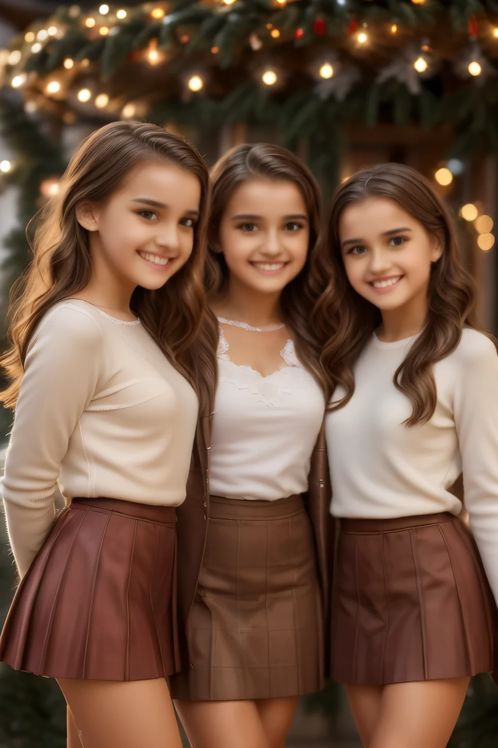 a happy group of 3 adorable girls, smiling and joyful, wearing Christmas outfits, detailed facial features, beautiful detailed eyes, beautiful detailed lips, extremely detailed facial expressions, intricate holiday decorations, sparkling lights, warm cozy atmosphere, vibrant colors, christmas tree, presents, snow, (best quality,4k,8k,highres,masterpiece:1.2),ultra-detailed,(realistic,photorealistic,photo-realistic:1.37),highly detailed, vivid colors, soft lighting, christmas theme, festive, beautiful girls, cheerful, holiday season
