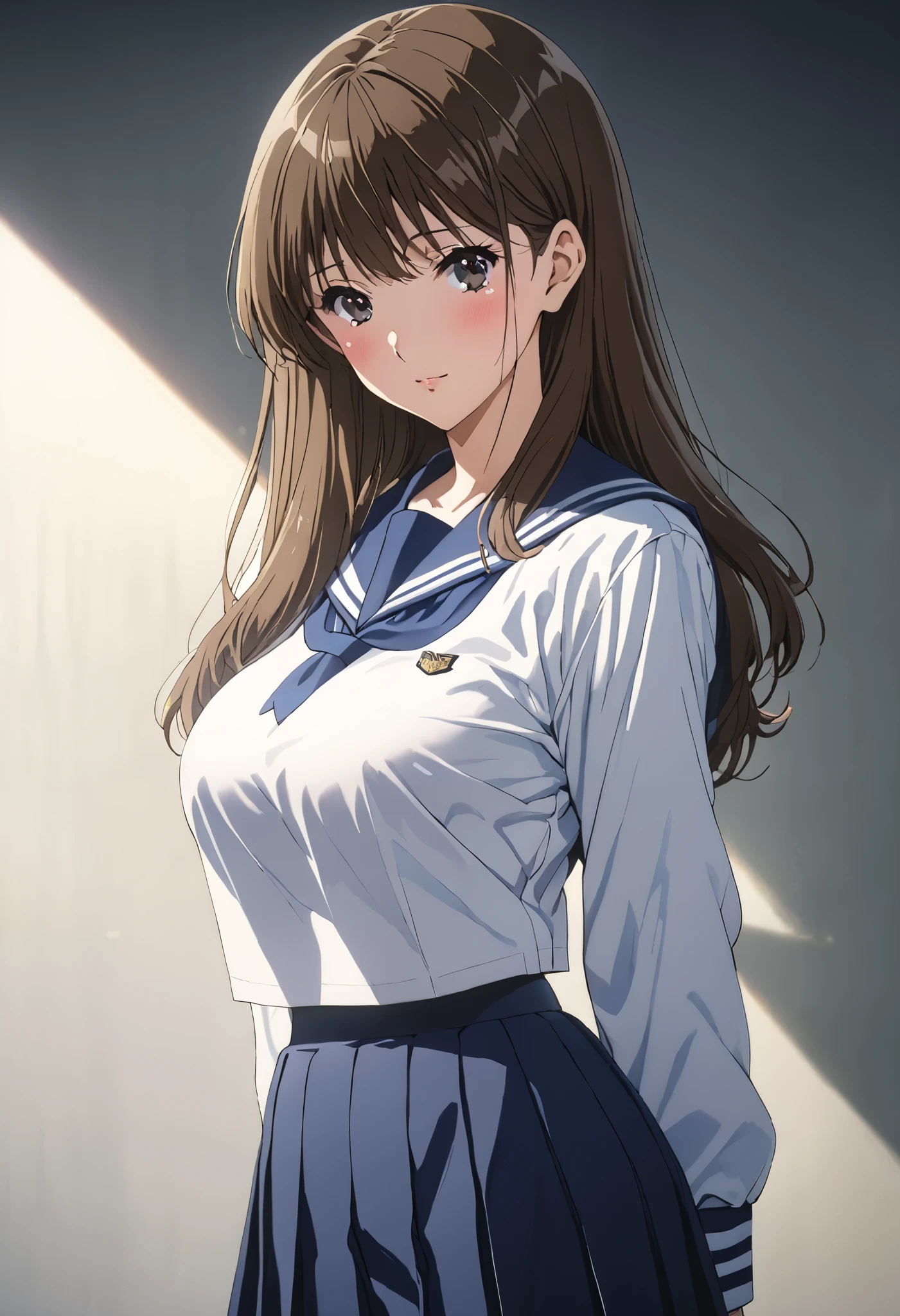 masterpiece, BestQuality, High resolution,16k,official art,super detailed skin,detailed,animated painting,(kuroe mayu:1.3),1990s \(style\),(F-cup beautiful breasts:1.3), (tall:1.2),height: 170cm,Fashion model body type,pointed eyes,black eyes,brown hair,long hair,(highschool uniform,navy sailor uniform,navy mini skirt:1.3)、1girl,solo,nsfw,sexy,cool face,light smile,shy,blush,Anime-style painting style,Close up on full body,Cinematic lighting,Superfine,in the city