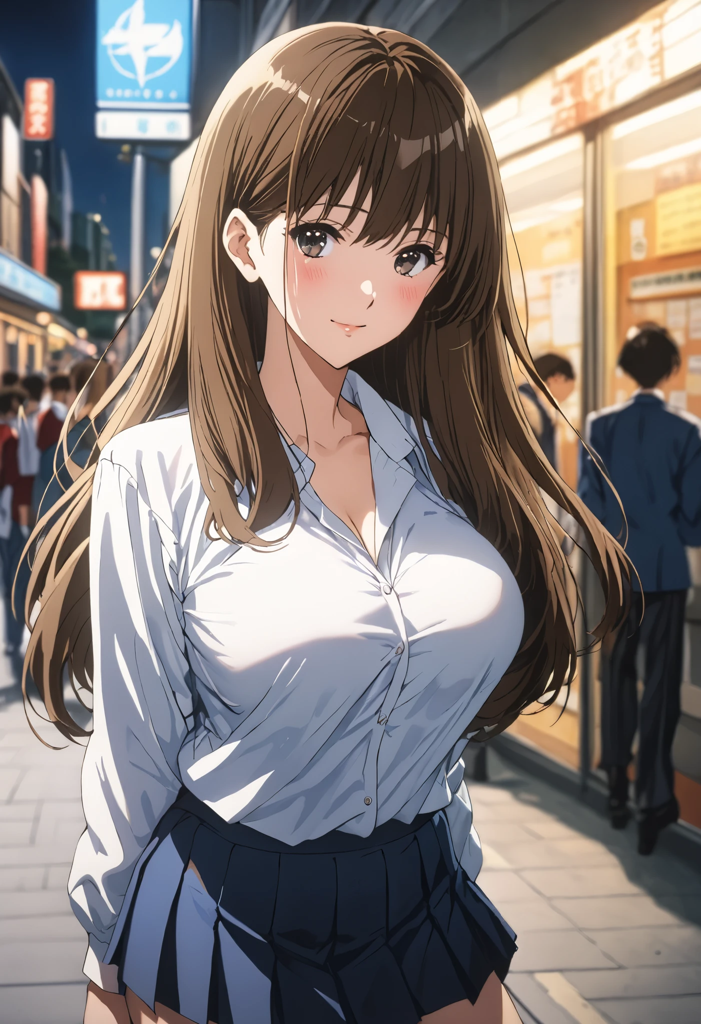 masterpiece, BestQuality, High resolution,16k,official art,super detailed skin,detailed,animated painting,(kuroe mayu:1.3),1990s \(style\),(F-cup beautiful breasts:1.3), (tall:1.2),height: 170cm,Fashion model body type,pointed eyes,black eyes,brown hair,long hair,(highschool student:highschool uniform,white shirt,mini skirt:1.3)、1girl,solo,nsfw,sexy,cool face,light smile,shy,blush,Anime-style painting style,Close up on full body,Cinematic lighting,Superfine,in the city