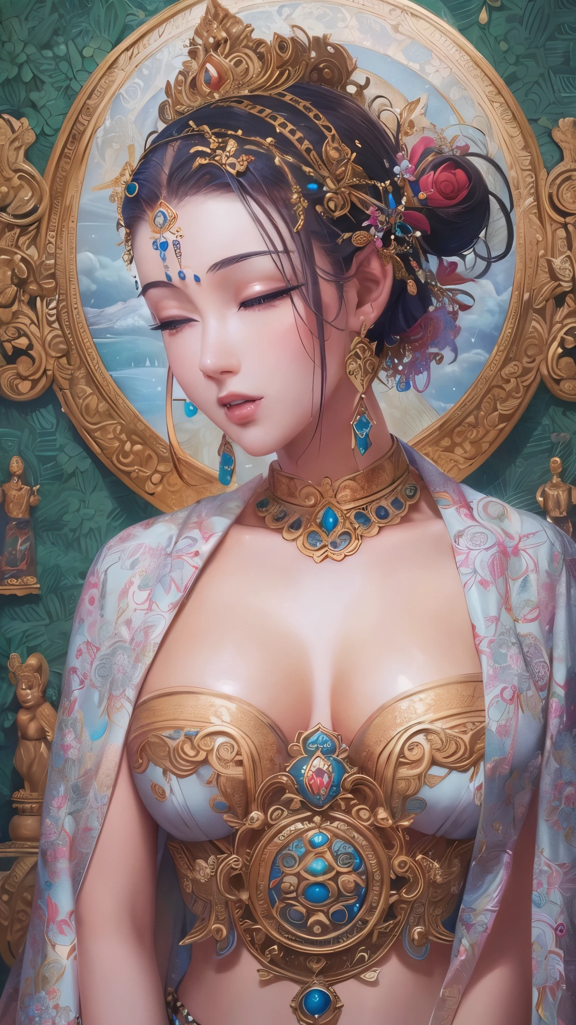 (Masterpiece:1.5), (((High qualityสุด, best quality, High quality))), ((complicated details, very detailed, Crazy details)), height, 32ก, Extremely detailed CG 8K unity wallpaper., (beautiful and beautiful:1.2),, (depth of field:1.3), (Flawless.:1.3), (Delicate depiction of details:1.4),
(((Abundant natural light, Delightful bright colors))), (Ambient volumetric backlight:1.5),  (Illustration of an extremely beautiful young woman:1.3),
(upper body:1.4), (perfect center:1.4), (Natural willow pose:1.5), (((dynamic poses, movie corner))),
(1milf:1.5), (alone:1.4),
beautiful beautiful face, [(detailed face:1.2):0.2], Bright eyes, Pure Rose Face_v1, ulzzang-6500-v1.1,  (gag:1.5), (red lips:1.4), (full lips:1.4), (smile:1.3),
Flawless attractive body, (((The feminine curves are pronounced.))), Skin glows brightly., realistic skin, hair follicles, (((Tightening belly, navel, Groin:1.3))),
(((Golden thread flutters.))), (Fringed tassels:1.3), (Tight long sleeves:1.4), (Single neck), (The invention shines.:1.5), (Elegant and intricate clothing accessories:1.5), (Embroidery work decorated with gems:1.4), (sparkling clothes:1.4), (sparkling particles:1.3), (((The front seam is sagging., Sagging back seam))), (((earring, armband, Hair clips, hair accessories))), (Stand alone in a magical outdoor garden decorated with gems and colorful exotic flowers and shrubs.:1.5), (Outside the great ancient palace:1.5), (((full body))),(((ขับnavel,List of dances,Thai Dance))),((((Separate outfit showing nipples:1.4, semi-naked:1.8))),(((Complete breasts,Complete nipples))),Revealing the skin, ((pussy,bare female genitals))