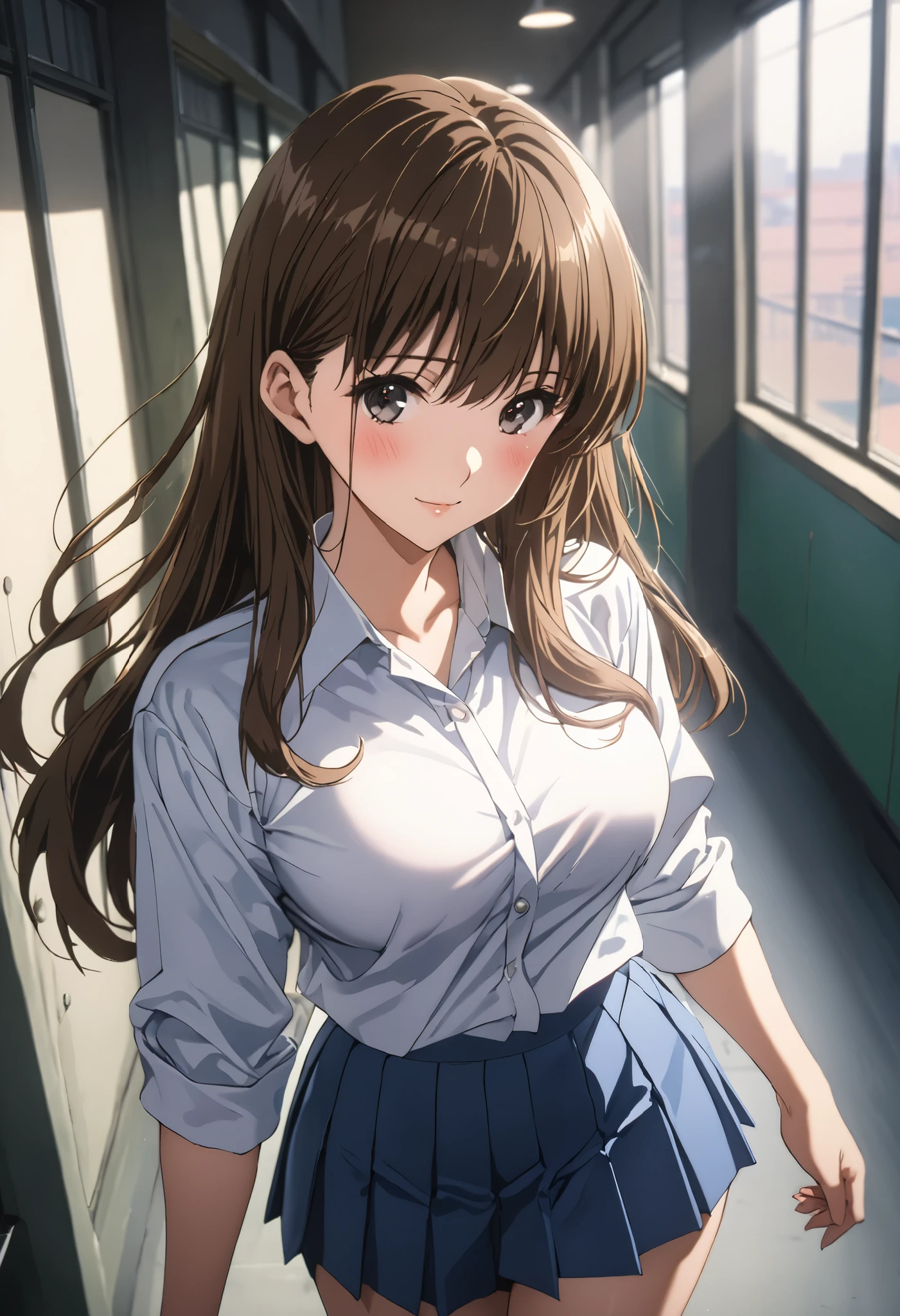 masterpiece, BestQuality, High resolution,16k,official art,super detailed skin,detailed,animated painting,(kuroe mayu:1.3),1990s \(style\),(F-cup beautiful breasts:1.3), (tall:1.2),height: 170cm,Fashion model body type,pointed eyes,black eyes,brown hair,long hair,(:highschool uniform,white shirt,mini skirt:1.3)、1girl,solo,nsfw,sexy,cool face,light smile,shy,blush,Anime-style painting style,Close up on full body,Cinematic lighting,Superfine,in the city