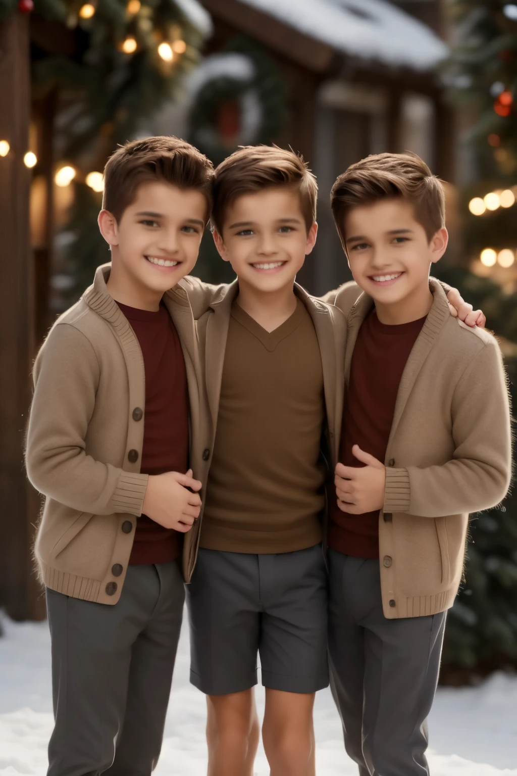 a happy group of 3 adorable boys,christmas outfits,smiling and joyful,photorealistic,8k,high quality,masterpiece,cinematic lighting,beautiful detailed eyes,beautiful detailed lips,extremely detailed facial features,warm lighting,festive atmosphere,holiday season,winter wonderland,twinkling lights,snow falling