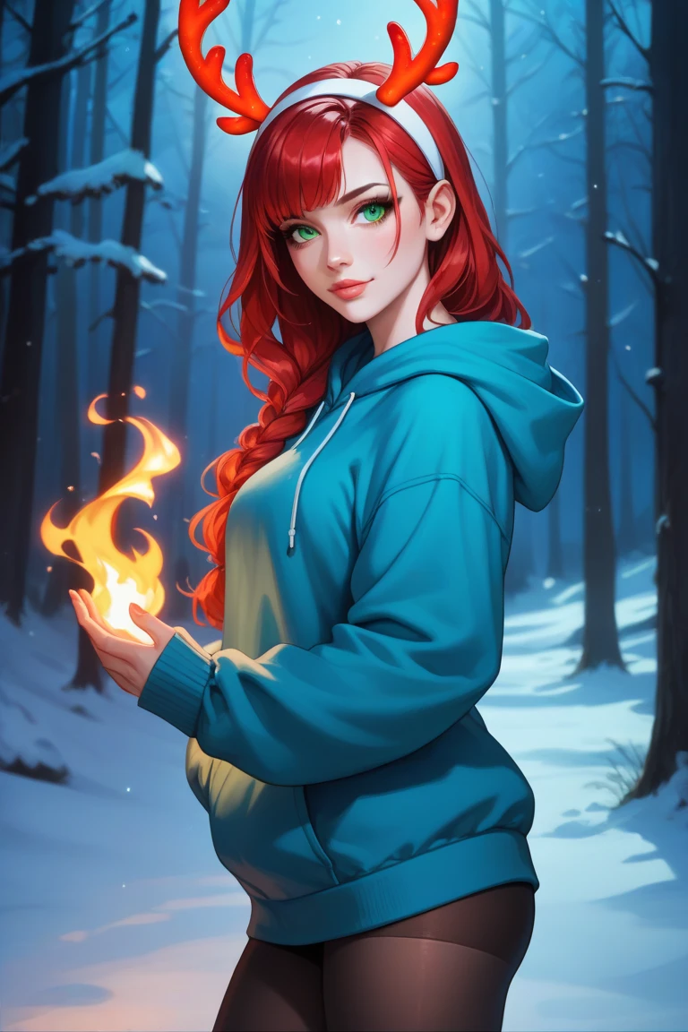 high production value modern fantasy-style candid picture of a woman in her 30s with fair skin, very light make-up, soft face, straight vibrant dark red hair, green eyes, wearing a modern light blue hoodie with white flames on the sleeves, leggings, and a white hairband with white reindeer antlers and ears, looking over her shoulder, standing in a spooky moonlit snow-covered wintry forest at night. vibrant color grading.