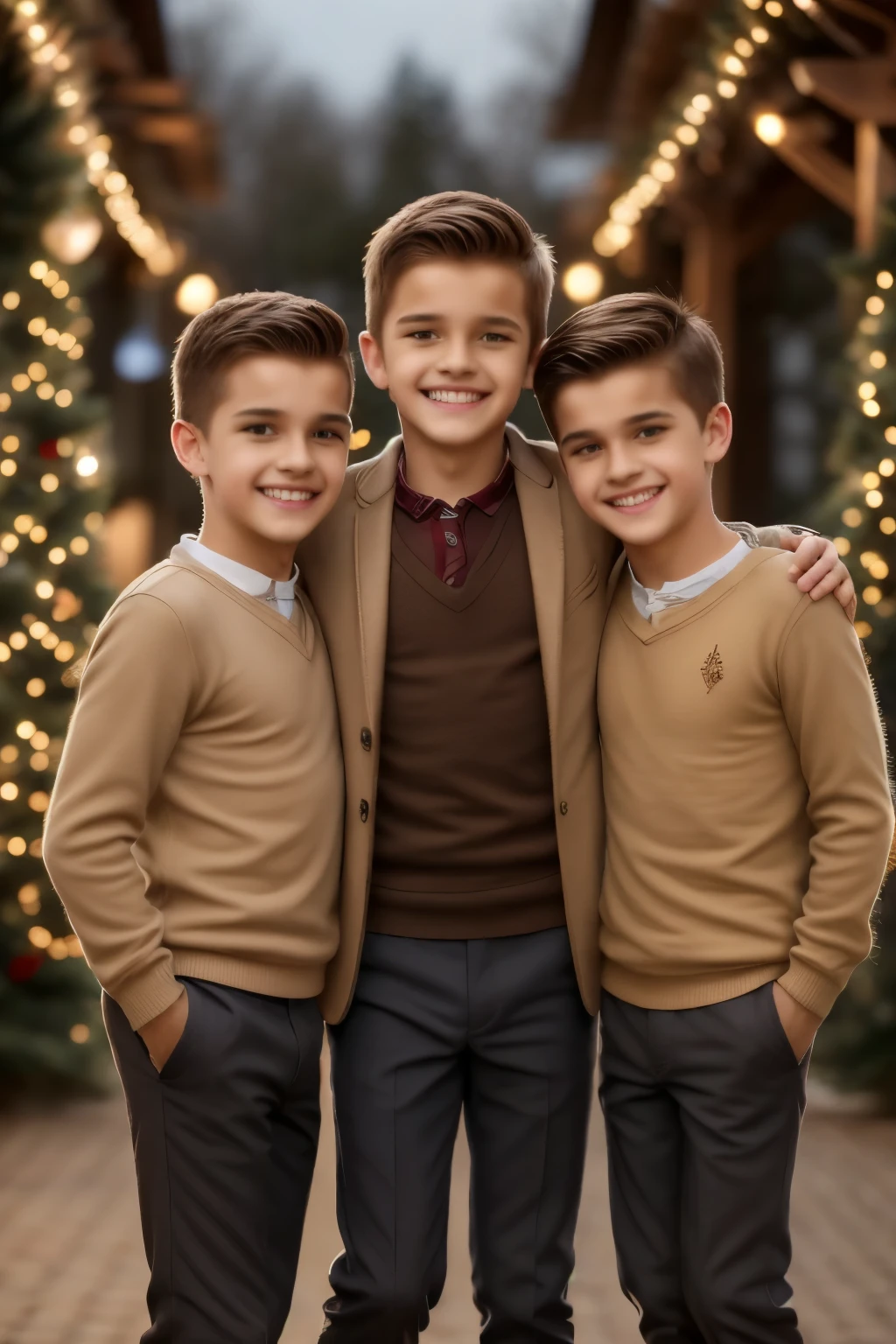 a happy group of 3 adorable boys,christmas outfits,smiling and joyful,photorealistic,8k,high quality,masterpiece,cinematic lighting,beautiful detailed eyes,beautiful detailed lips,extremely detailed facial features,warm lighting,festive atmosphere,holiday season,winter wonderland,twinkling lights,snow falling