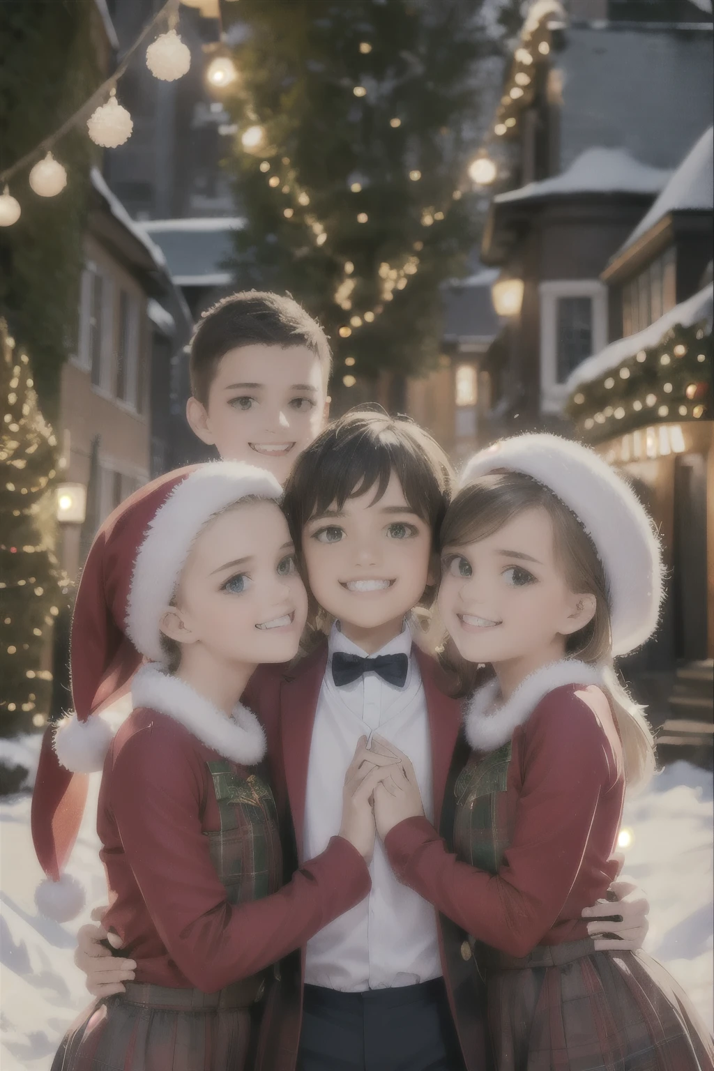 a happy group of 3 adorable boys,christmas outfits,smiling and joyful,photorealistic,8k,high quality,masterpiece,cinematic lighting,beautiful detailed eyes,beautiful detailed lips,extremely detailed facial features,warm lighting,festive atmosphere,holiday season,winter wonderland,twinkling lights,snow falling