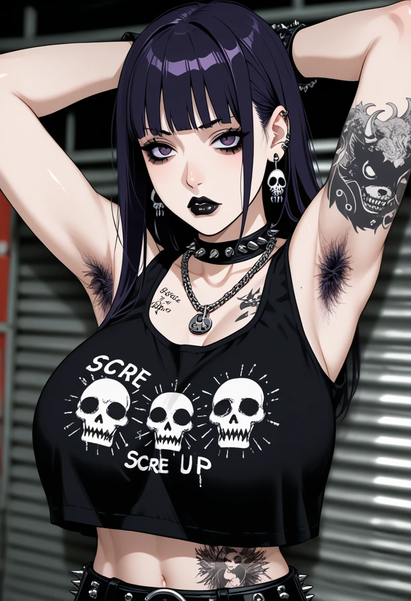 1girl, Holo-Punk Style, goth, earrings, HINATA HYUGA, tattoo, iron necklace, warehouse background, gothic make-up, dark purple hair, big breast, black lipstick, black eyeshadow, detail eyes, armpit hair, tattoos around the body, naked upper body