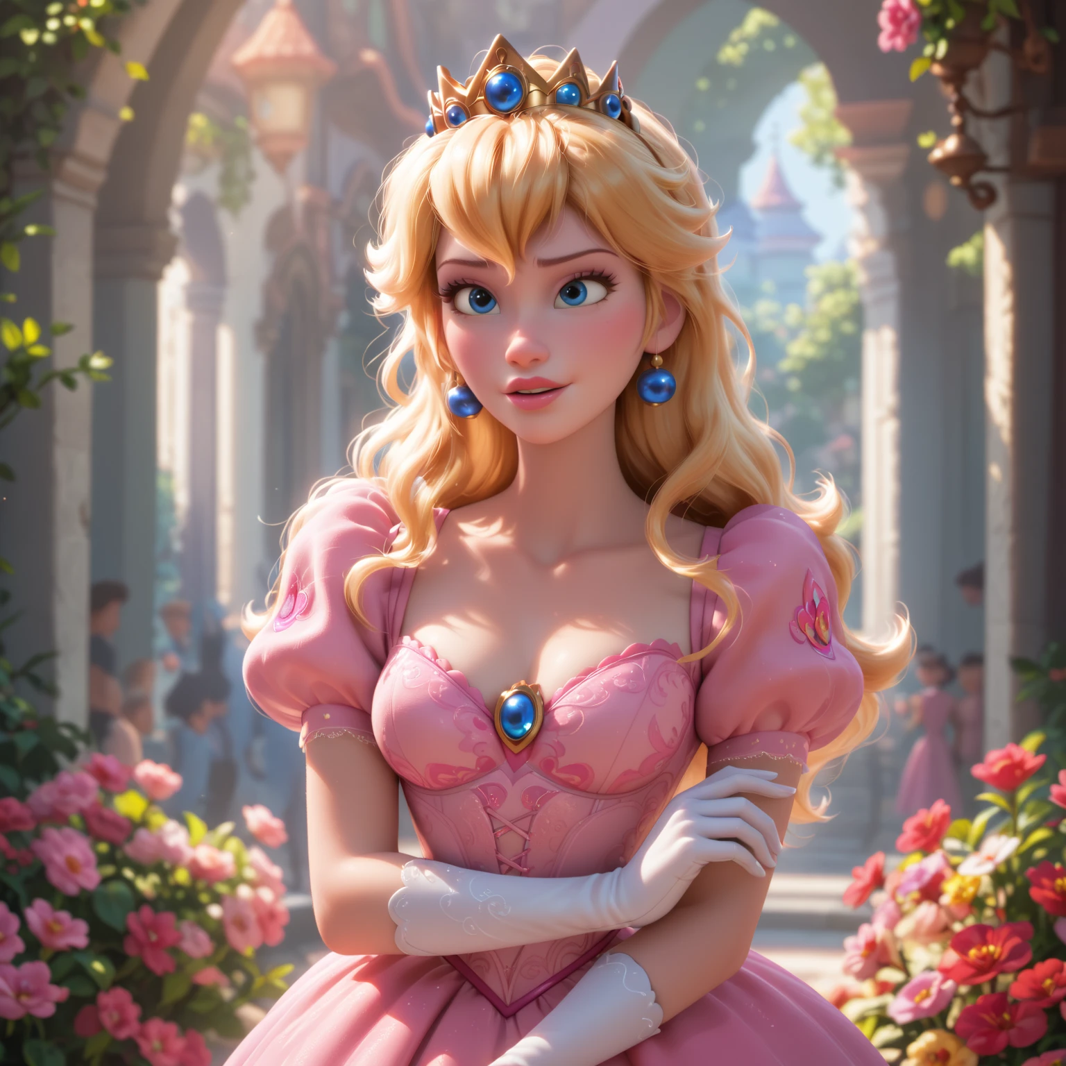 A Disney & Pixar 3D rendered scene featuring Princess Peach, crafted with a magical and imaginative Disney/Pixar-inspired aesthetic