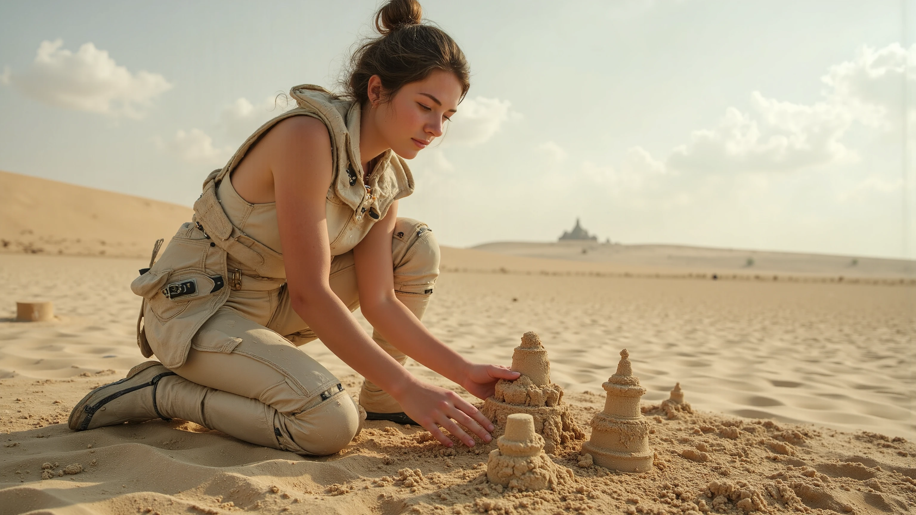 A young woman in a futuristic space suit kneels on a sandy planet's surface, crafting intricate sandcastles amidst the vast, barren landscape. Mid-shot framing showcases her hands as she meticulously shapes the sand, bathed in soft, diffused lighting that highlights her suit and the castles. Her serene expression conveys focus and tranquility. Highly detailed features include well-defined muscles, perfect hands, and ultra-realistic skin with pores. Ray tracing and UHD rendering create a photorealistic masterpiece.