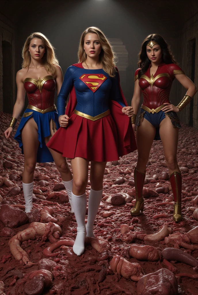 The princess is now in Super Girl&#39;s body, who wears her blue crop top uniform, mini skirt, red cape and boots, Super Girl is in the body of the masked girl in the pink crop top and skirt and the latter is in the body of the masked girl in the blue crop top and skirt., The three of them look at each other confused by what happened and look at themselves in the mirror trying to understand it.