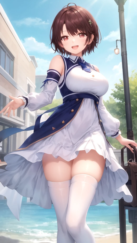 masterpiece, best quality, high quality, girl, solo, looking at viewer, yuuta_kadowaki, large breasts, white dress, detached sleeves, blue thighhighs, standing, outdoors, smile, open mouth,