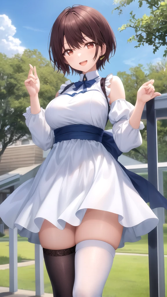 masterpiece, best quality, high quality, girl, solo, looking at viewer, yuuta_kadowaki, large breasts, white dress, detached sleeves, blue thighhighs, standing, outdoors, smile, open mouth,