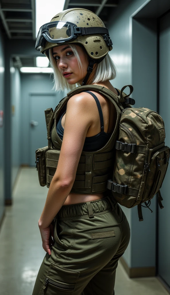 a contractor young girl, Russian facial features, white french bob haircut, pulling down his pants, wearing full equip militar camouflage, chest rig tactical vest, ballistic helmet with face shield, fully dressed, with a large military backpack, sweaty body, voluptuous body, focusing on her ass, mega exaggeratedly inflated hips, large hips and extra big ass and boobs, hips too large and wide, slim waist, behind, very close up, in a bunker,