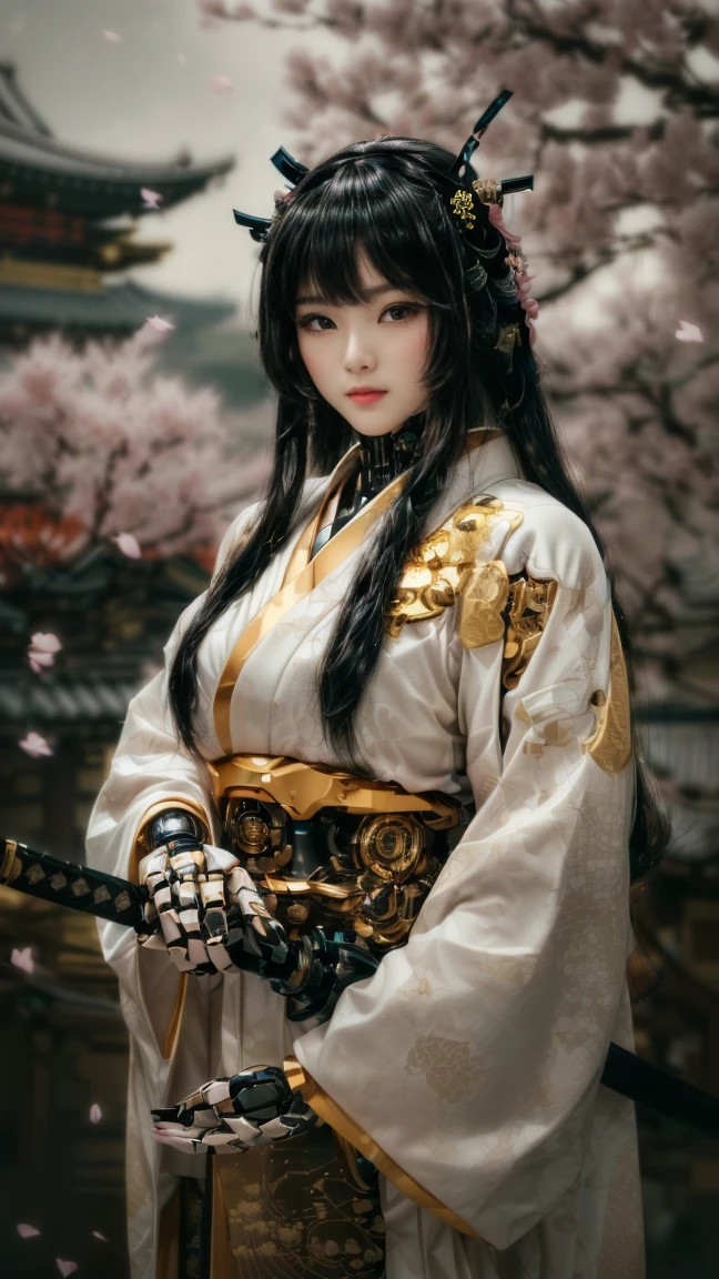 (It is a cybernetic samurai woman) who stands elegantly in a serene Japanese setting, (wearing a traditional kimono with intricate golden patterns). (Her robotic hands firmly grip a katana), and (it is the blade’s detailed hilt and subtle metallic reflection) that highlight the fusion of tradition and technology. (Her black hair, flowing naturally, is accented with 3 elegant hairpins), and (her piercing gaze is framed by soft lighting). (The setting includes a Japanese temple bridge in the distance, partially obscured by 100+ soft pink sakura petals falling gently through the air). (The lighting is soft and cinematic), creating (a highly detailed, ultra-realistic image) with a perfect balance of traditional aesthetics (70%) and cyberpunk elements (30%).