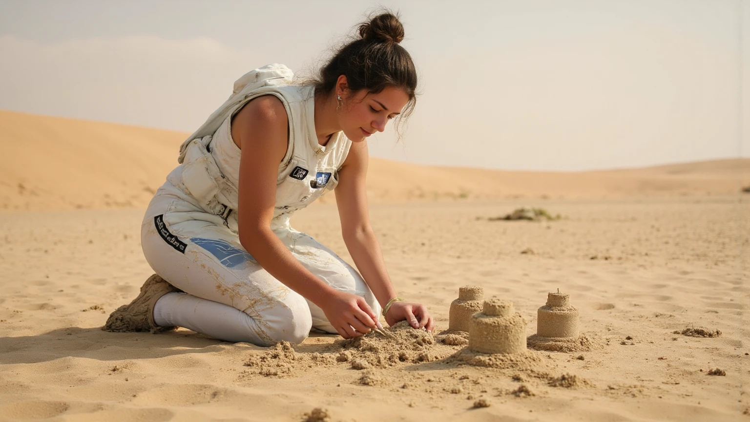 A young woman in a futuristic space suit kneels on a sandy planet's surface, crafting intricate sandcastles amidst the vast, barren landscape. Mid-shot framing showcases her hands as she meticulously shapes the sand, bathed in soft, diffused lighting that highlights her suit and the castles. Her serene expression conveys focus and tranquility. Highly detailed features include well-defined muscles, perfect hands, and ultra-realistic skin with pores. Ray tracing and UHD rendering create a photorealistic masterpiece.