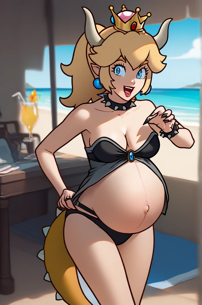 score_9, score_8_up, 1girl, solo, rosalina, style parody, thick outlines, blue dress, sleeveless, strapless, cleavage, indoors, bar, pregnant, pregnant belly