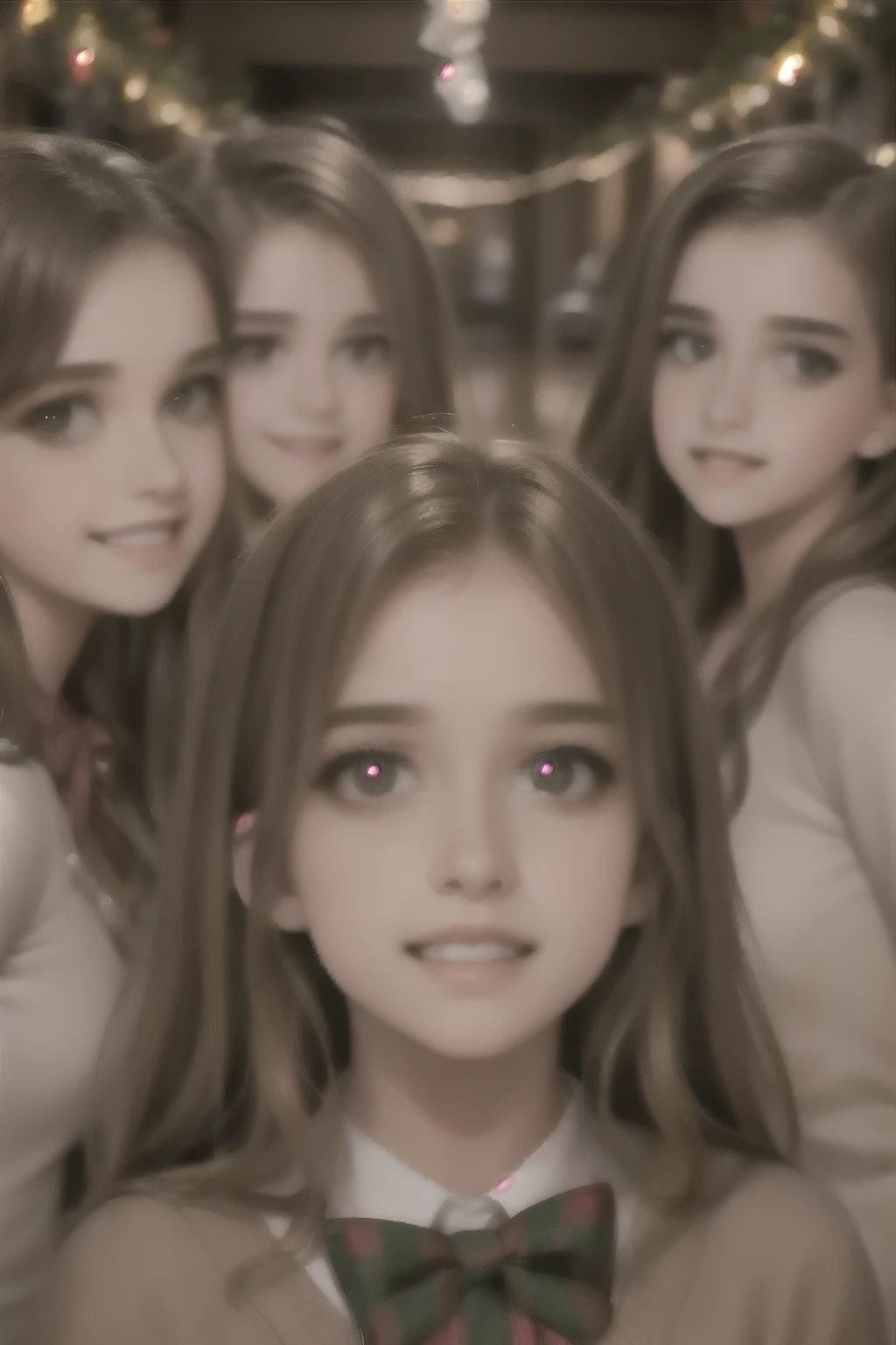a group of 5 adorable girls singing christmas carols in chorus, realistic, photorealistic, christmas outfits, smiling, joyful, beautiful detailed eyes, beautiful detailed lips, extremely detailed eyes and face, long eyelashes, intricate christmas decorations, warm lighting, festive atmosphere, high quality, 8k, hyperdetailed, masterpiece, vibrant colors, cinematic lighting