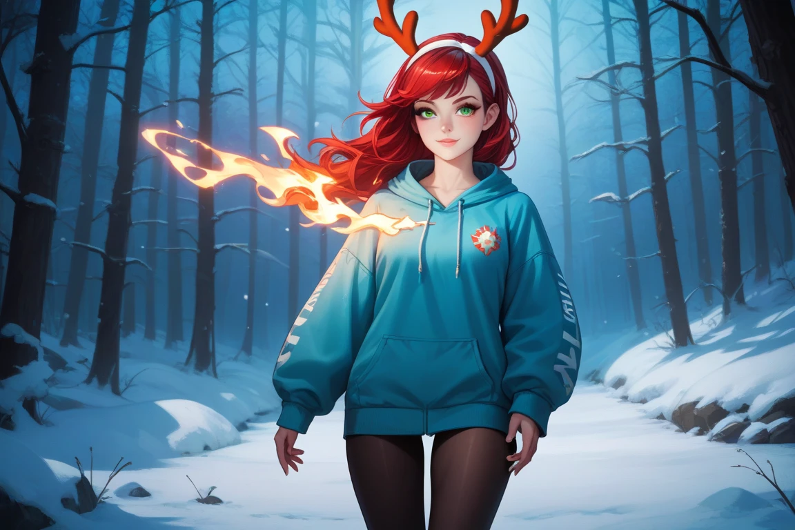 high production value modern fantasy-style candid picture of a woman in her 30s with fair skin, very light make-up, soft face, straight vibrant dark red hair, green eyes, wearing a modern light blue hoodie with white flames on the sleeves, leggings, and a white hairband with white reindeer antlers and ears, looking over her shoulder, standing in a spooky moonlit snow-covered wintry forest at night. vibrant color grading.