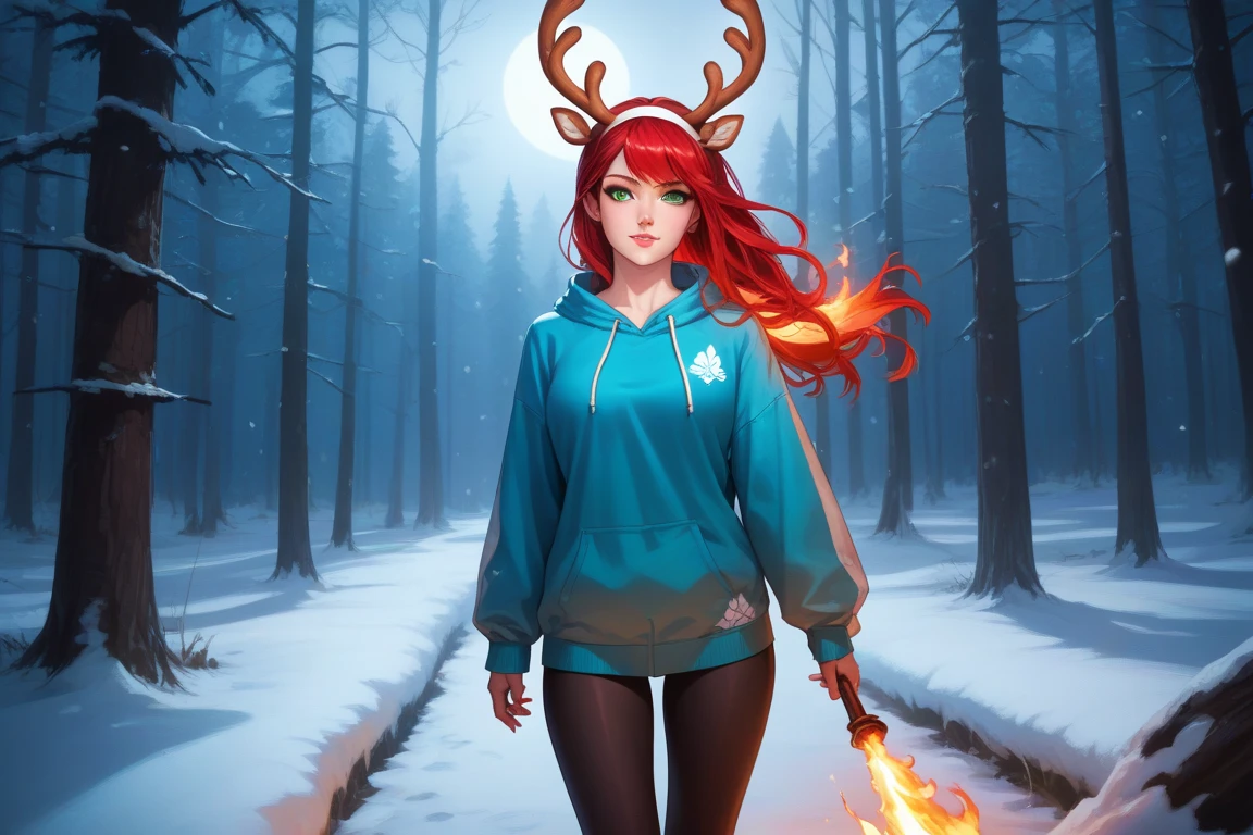 high production value modern fantasy-style candid picture of a woman in her 30s with fair skin, very light make-up, soft face, straight vibrant dark red hair, green eyes, wearing a modern light blue hoodie with white flames on the sleeves, leggings, and a white hairband with white reindeer antlers and ears, looking over her shoulder, standing in a spooky moonlit snow-covered wintry forest at night. vibrant color grading.