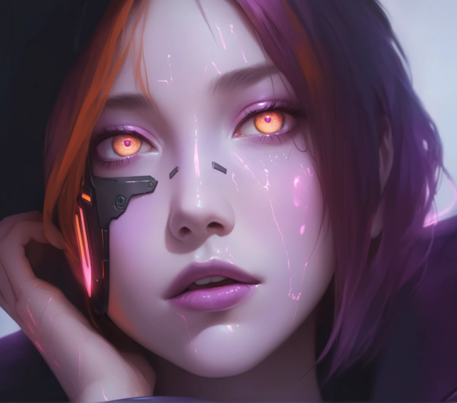 realism, masterpiece, best quality, amazing quality, very aesthetically pleasing, absurd, state-of-the-art) , official style, stoic expression, a girl in a cyberpunk jacket, pink lighting on her skin,pink skin, purple skin, orange eyes, iron elements on the face, narrow eyes, 