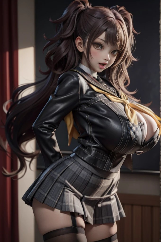 ,1 girl,solo,risekujikawa,school uniform,yellow neckerchief,black blazer,black plaid skirt,black thigh highs,(huge breasts:1.4),open mouth