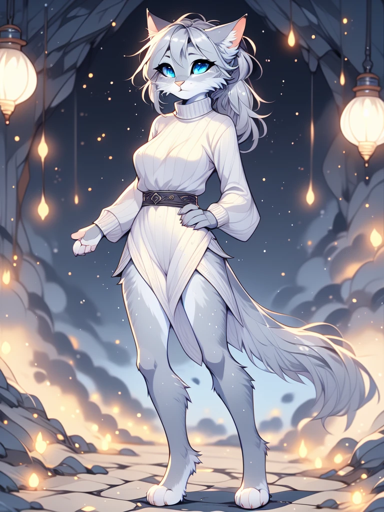 By fumiko, by hyattlen, by hioshiru, Cat, female, silver fur, vibrant blue eyes, short silver messy hair, silver pony tail, wearing white turtleneck sweater with naked down, barefoot, feet paws, 4 toes, standing, hands on hips, pelvis up