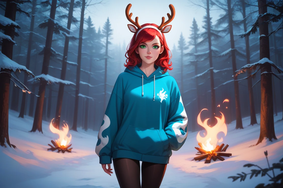 high production value modern fantasy-style candid picture of a woman in her 30s with fair skin, very light make-up, soft face, straight vibrant dark red hair, green eyes, wearing a modern light blue hoodie with white flames on the sleeves, leggings, and a white hairband with white reindeer antlers and ears, looking over her shoulder, standing in a spooky moonlit snow-covered wintry forest at night. vibrant color grading.