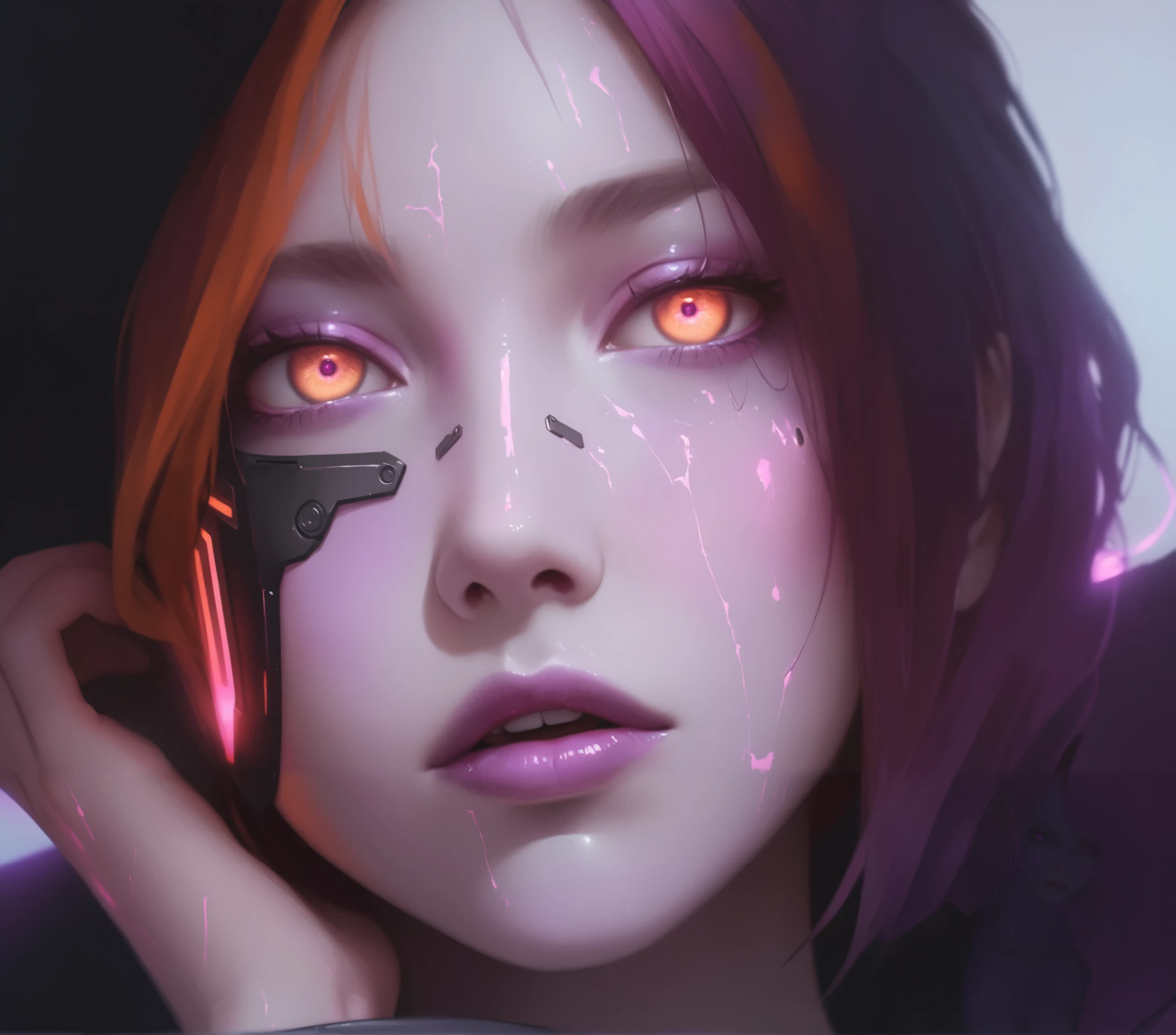 realism, masterpiece, best quality, amazing quality, very aesthetically pleasing, absurd, state-of-the-art) , official style, stoic expression, a girl in a cyberpunk jacket, pink lighting on her skin,pink skin, purple skin, orange eyes, iron elements on the face, narrow eyes, 