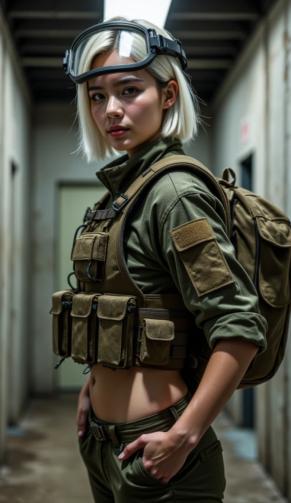 a contractor young girl, Russian facial features, white french bob haircut, pulling down his pants, wearing full equip militar camouflage, chest rig tactical vest, ballistic helmet with face shield, fully dressed, with a large military backpack, sweaty body, voluptuous body, focusing on her ass, mega exaggeratedly inflated hips, large hips and extra big ass and boobs, hips too large and wide, slim waist, behind, very close up, in a bunker,