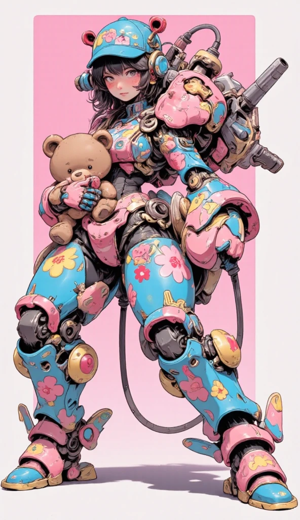 cute girly robot holding teddy-bear. colorful flower pattern on body, equiped heavy beam-gatling-gun at back, kawaii mood, Joints and gaps glowing pink..hardcore machine. newest anime style,cute pop background,high brightness.vivid color, pop, relax mood.full body