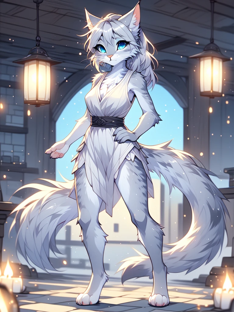 By fumiko, by hyattlen, by hioshiru, Kat, female bakaneko, silver fur, vibrant blue eyes, short silver messy hair, silver pony tail, wearing white cut tank top, with naked down, barefoot, feet paws, 4 toes, standing, hands on hips, pelvis up