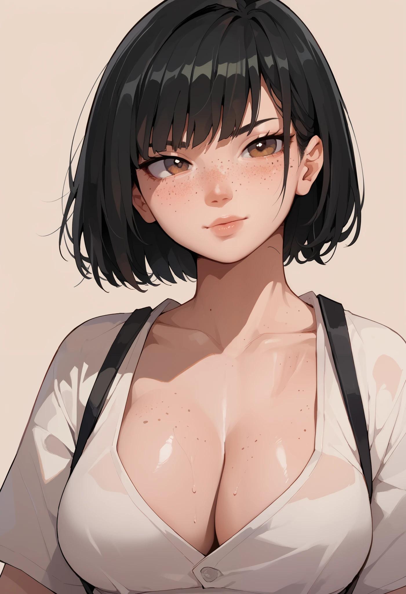 1girl, japanese, big breasts, freckles, bob haircut, black hair, brown eyes, straight bangs