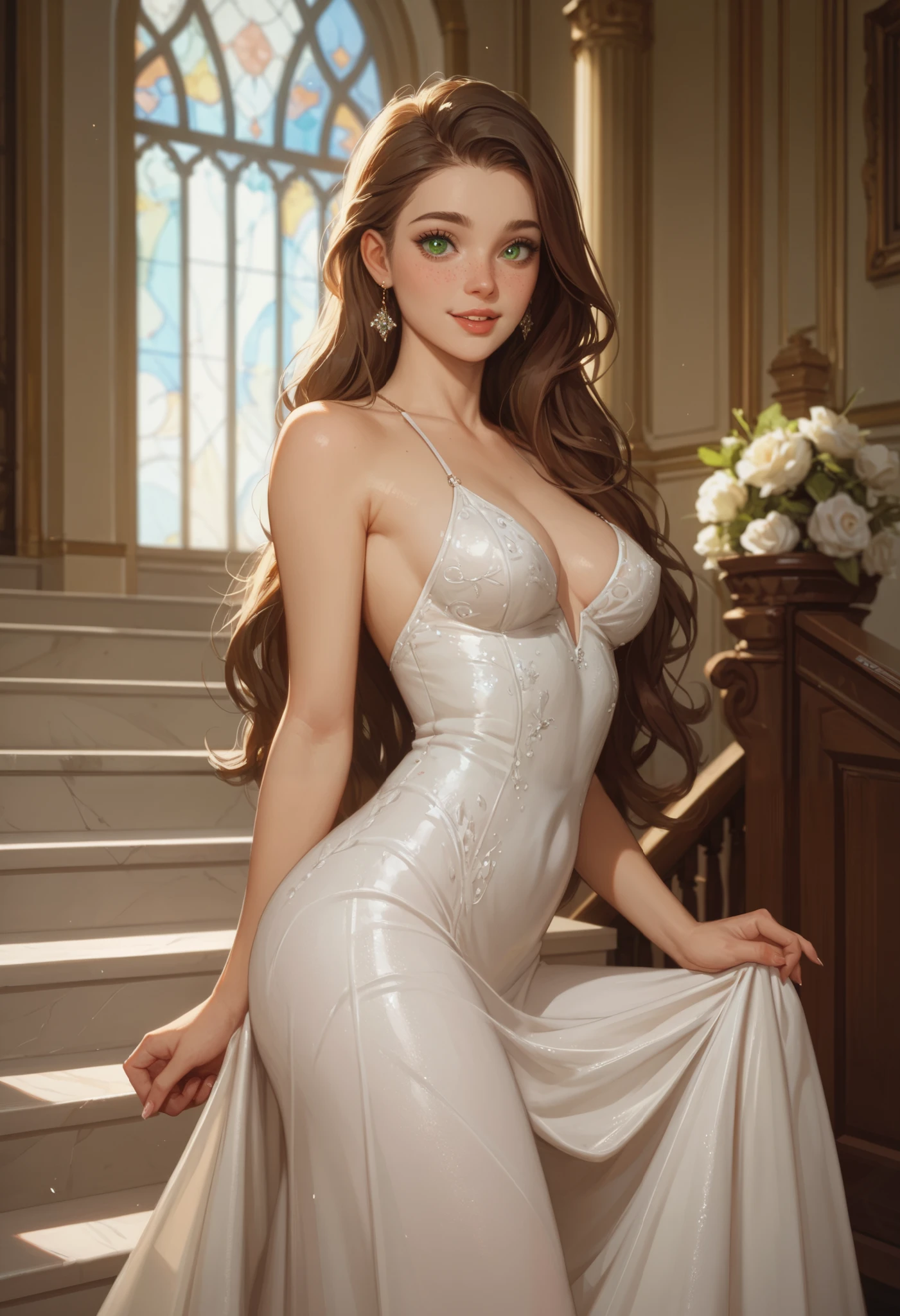 masterpiece, best quality, extreme Detail, girl poses alone in the stairwell in sexy positions, Girl wears white silk dress , Girl has medium sized breasts , Girl is slim , girl looks at the viewer . girl looks shy and excited, Girl is sexually excited, girl has very slight freckles, Girl has brown long hair , girl has light blue-green eyes ,