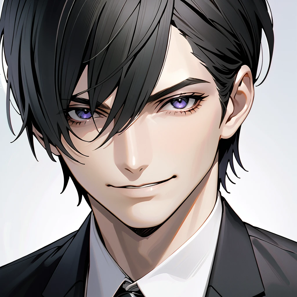    black hair,   Sharp Eye, male,  dark eyes,smile,　 Shorthair,  handsome, ,   business suit　 portrait　  upper body　  snapshot　 