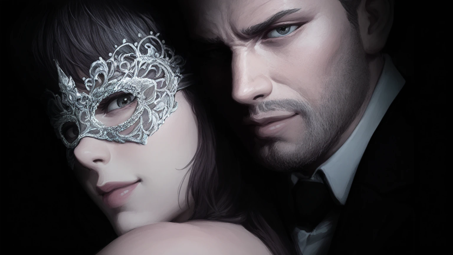 there is a man and woman that are posing for a picture, 50 shades, shades of grey, promo still, promotional still, suits, textless, promotional art, promo shot, february), promotional image, official product image, promotional picture, hq artwork, official photo, by Barbara Greg, intense smoldering, promotional movie still, omega