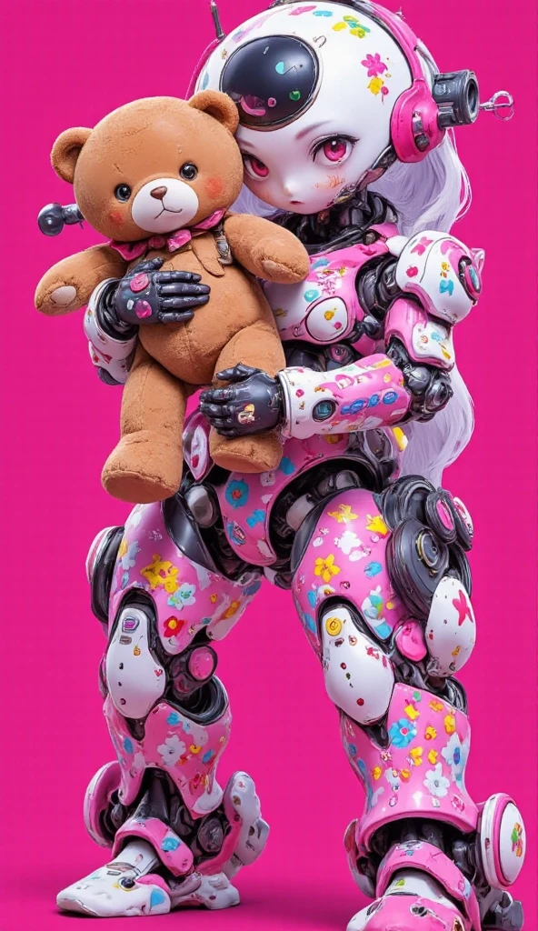 cute girly robot holding teddy-bear. colorful flower pattern on body, equiped heavy beam-gatling-gun at back, kawaii mood, Joints and gaps glowing pink..hardcore machine. newest anime style,cute pop background,high brightness.vivid color, pop, relax mood.full body