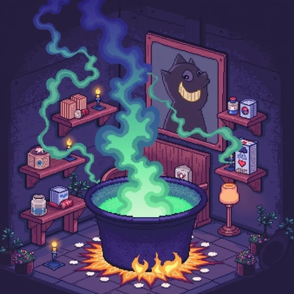 8 bits, #pixelart, abigail stardew valley, stardew valley, cozy and cute .  Witch's potion store ,  has slightly dark and purple lighting .  A witch's cauldron is in the right corner of the screen and emanates an enormous green smoke ,  underneath the cauldron there is a fire burning .  There are some small candles surrounding the cauldron in warm tones .  Behind this cauldron is a bench with flowers , a grimoire ,  scattered white leaves and a small bottle of old potion .  On the wall of this bench is a huge painting of a cat black .  In the left corner there are 2 rustic shelves filled with small jars of different colored potion shapes,  old books and slightly dried plant pots .  These shelves have several herbs around covering them .  The floor and wall are of gray stones .  There are some lamps scattered in warm tones .   The atmosphere is cozy and with purple lighting . 