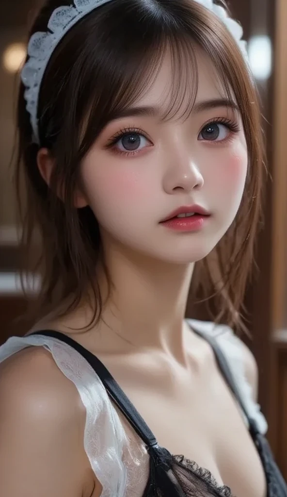 tmasterpiece， 1 beutiful girl， Detailed eyes， Puffy eyes， best qualtiy， hyper HD， （Realistis： 1.4）， RAW photogr， 1girll， cinmatic lighting， jpn， Super beautiful， Beautiful skins， slim， body facing front， （Ultra photo realsisim）， （hight resolution）， （8K）， （Very detailed）， （Most Best Illustration）， （beautiful and delicate eyes）， （ultra - detailed） ， 详细的脸， looking at viewert， Staring straight ahead， Neat white clothes， Sleeveless，short detailed hair，brunette color hair，46-point diagonal bangs，The room is based on a white background tone，lying on the bed、look from above、neat atmosphere，Exposing her breasts，Beautiful collarbone