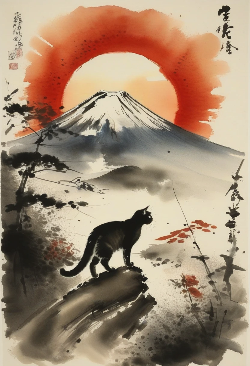 (ink-style,ink_wash_painting), (masterpiece),(best quality), Cat, Mt Fuji, Red Sun, spot color