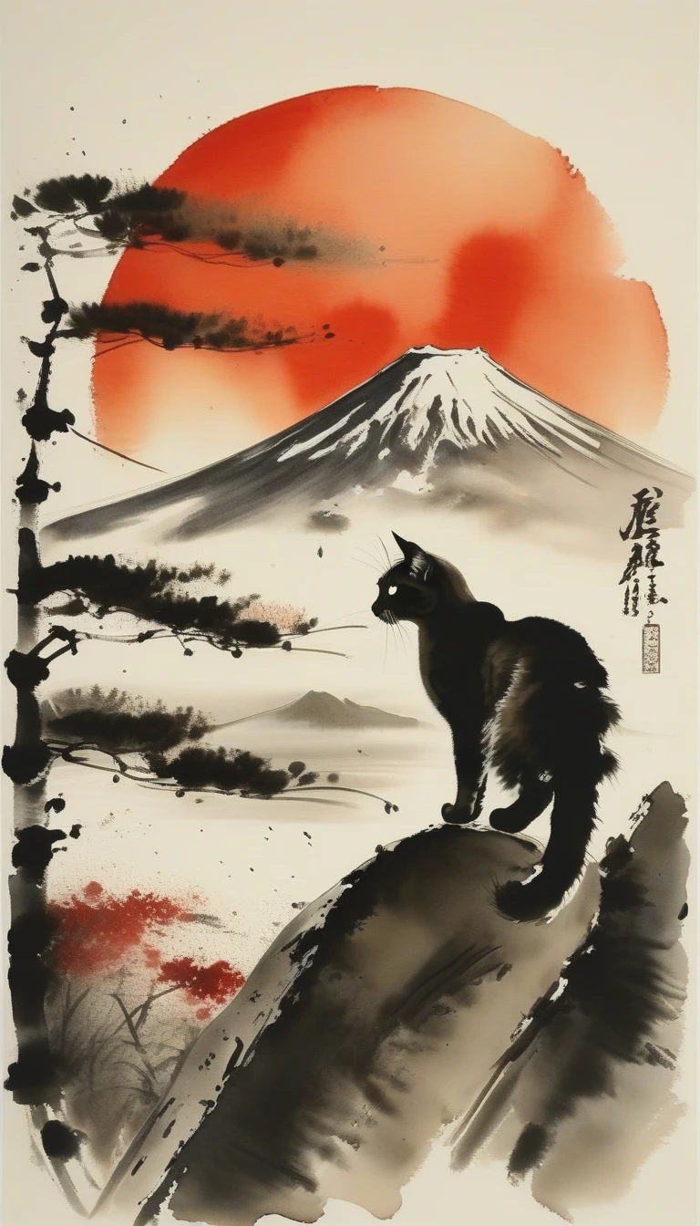 (ink-style,ink_wash_painting), (masterpiece),(best quality), Cat, Mt Fuji, Red Sun, spot color