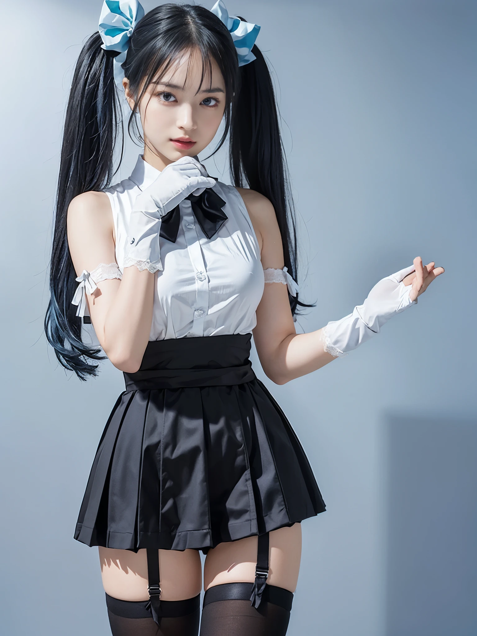(8K, Raw photo, Best Quality, masutepiece:1.2), high-definition RAW color photography, professional photograpy, (Realistic, photographrealistic:1.37), ((Best Quality)), various attractive posing, full body shot;1.2. 1young girl, asymmetrical legwear, (black bow:1.2), black ribbon, (blue hair:1.5), bow, breasts, gloves,(hair bow:1.3), (very long hair:1.2), simple background, standing, striped bow, thighhighs, white background, white gloves, (lace legwear:1.2), Delicate hands, detailed fingers, five fingers, (one hand pinching the waist:1.3), (twintails:1.3), realhands, nsfw